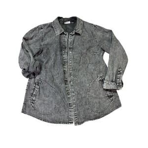 Joan Rivers Distressed Black Denim Button Down Shirt | Women's Small Petite Top